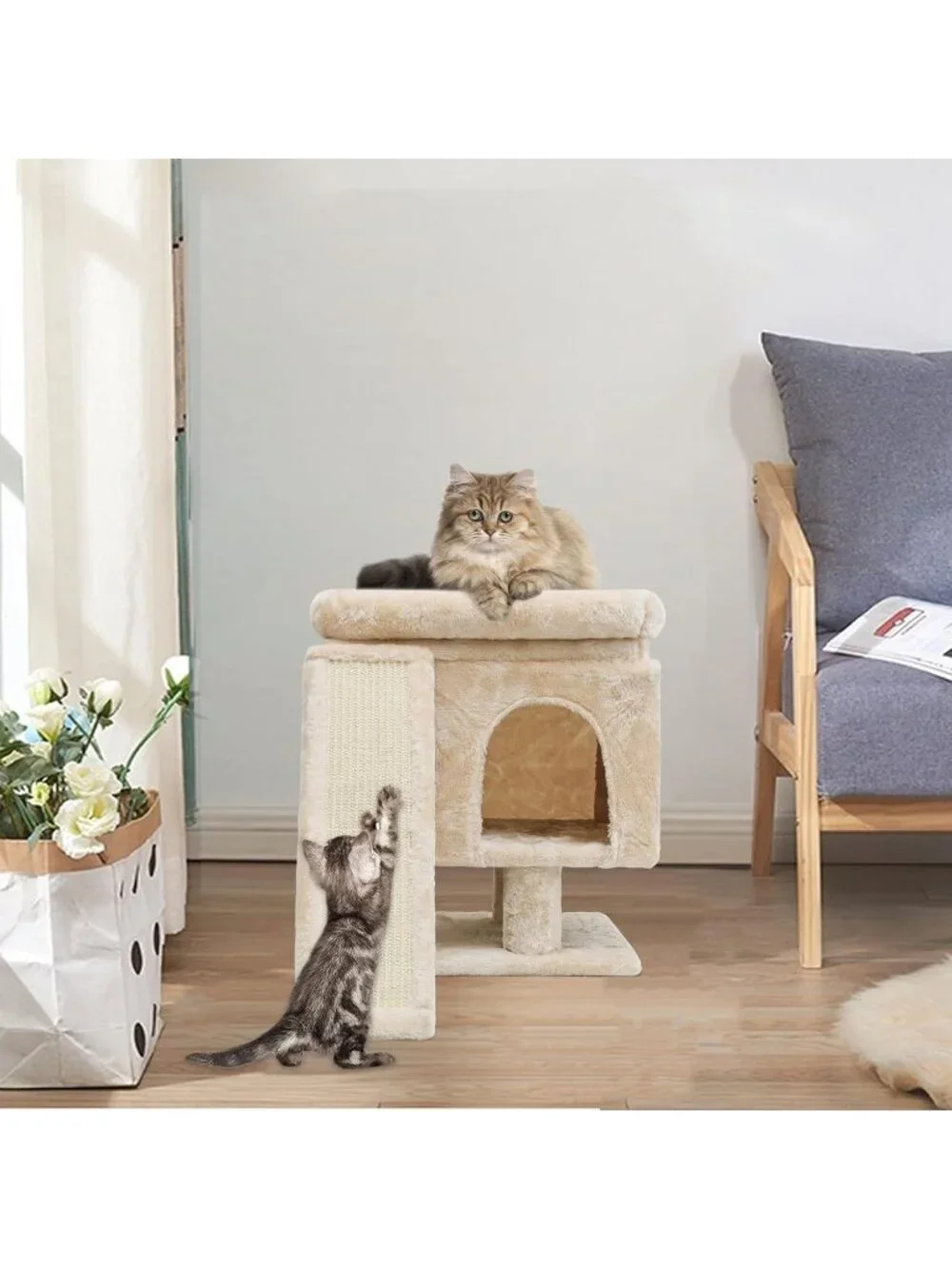New Small Cat Tree Tower with Cave for Modern Activity for Indoor Cats (Beige)